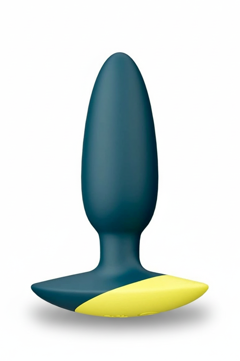 Blue and yellow silicone butt plug on a white background.