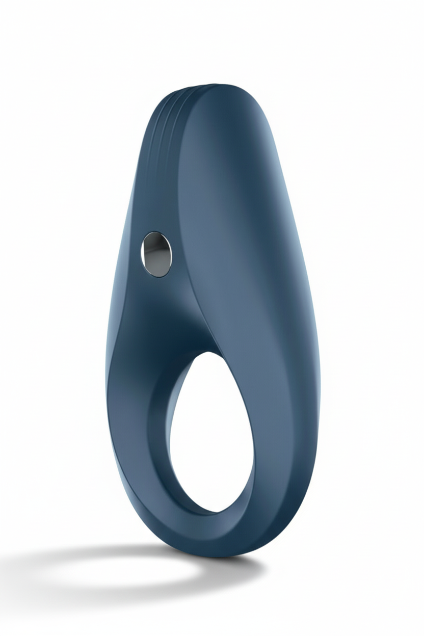 A blue vibrating cock ring with a smooth, sleek design and a small control button on the side.