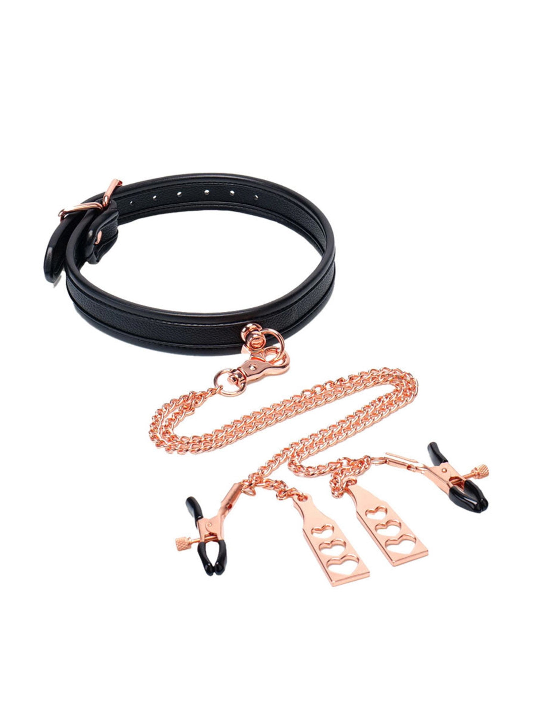 Punishment Choker & Nipple Clamps - Rose Gold