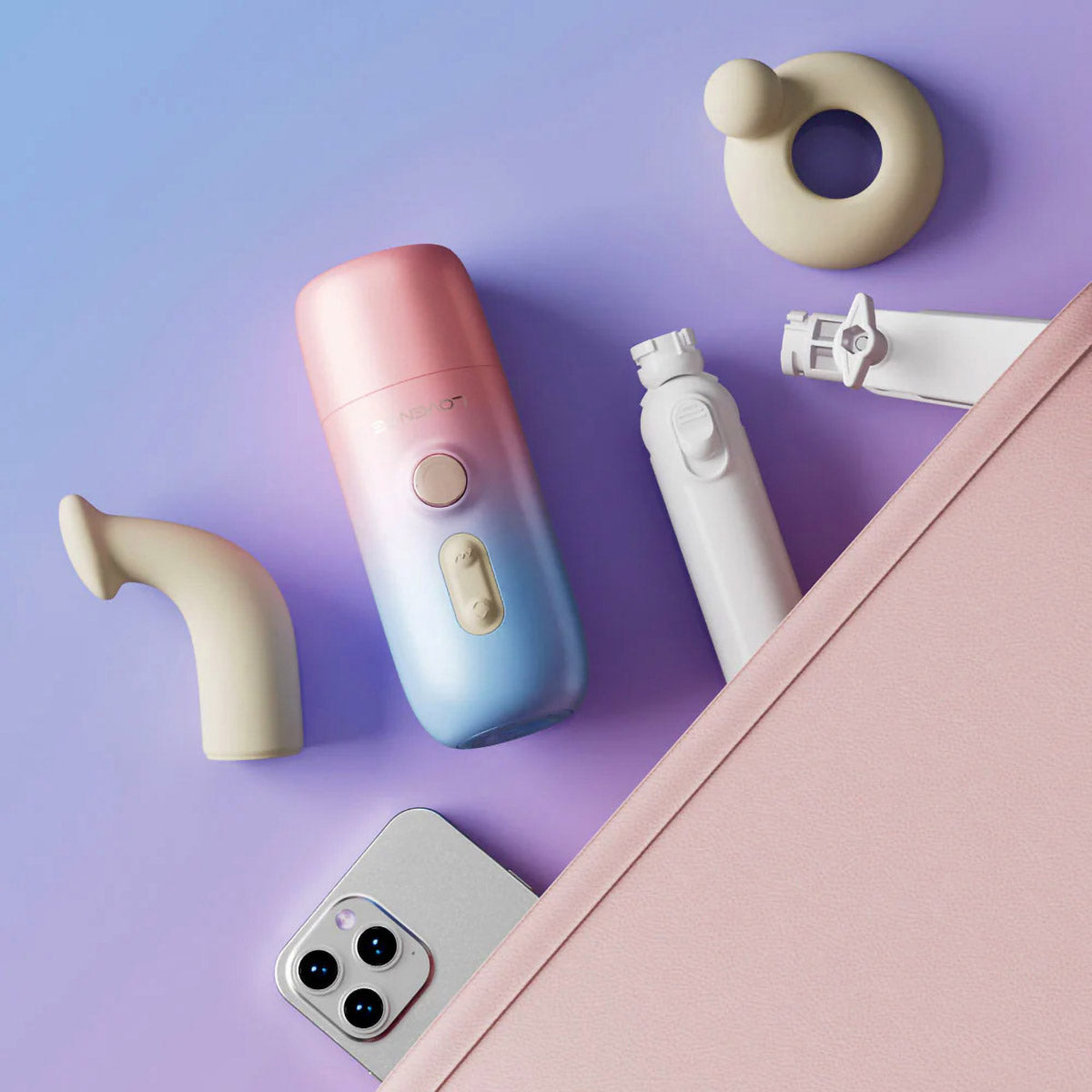 Collection of sex toy accessories and personal care products on a gradient purple background