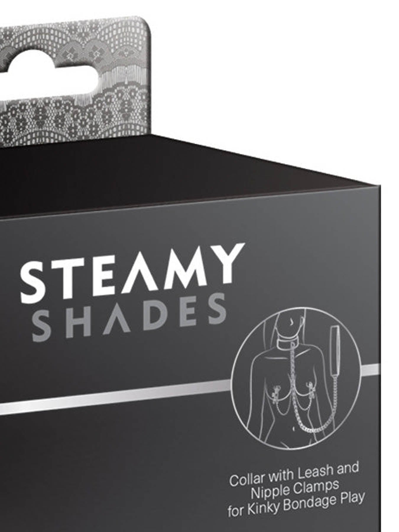 Steamy Shades collar with leash and nipple clamps for control and sensation play