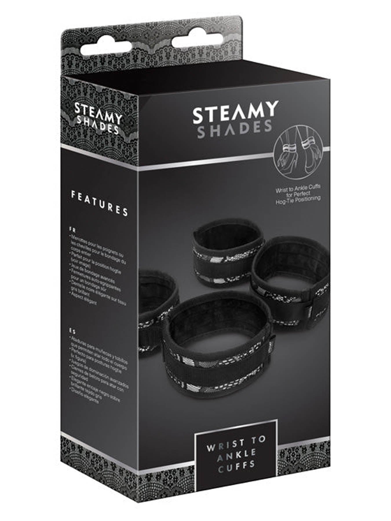 Steamy Shades wrist to ankle cuffs for full body restraint play