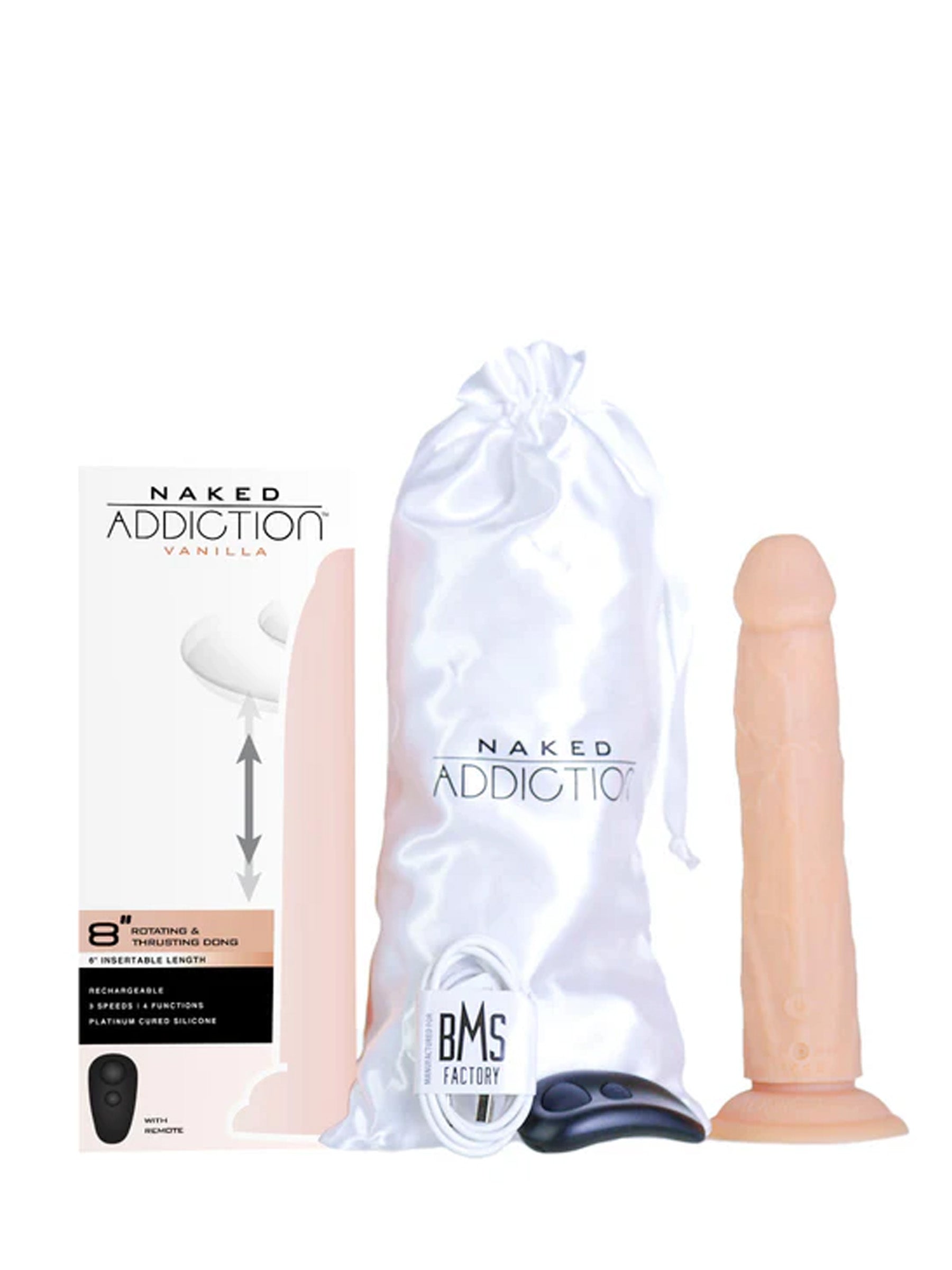 Swan Naked 8 Inch Rotating and Vibrating Suction Cup Dildo With Remote & Satin Pouch