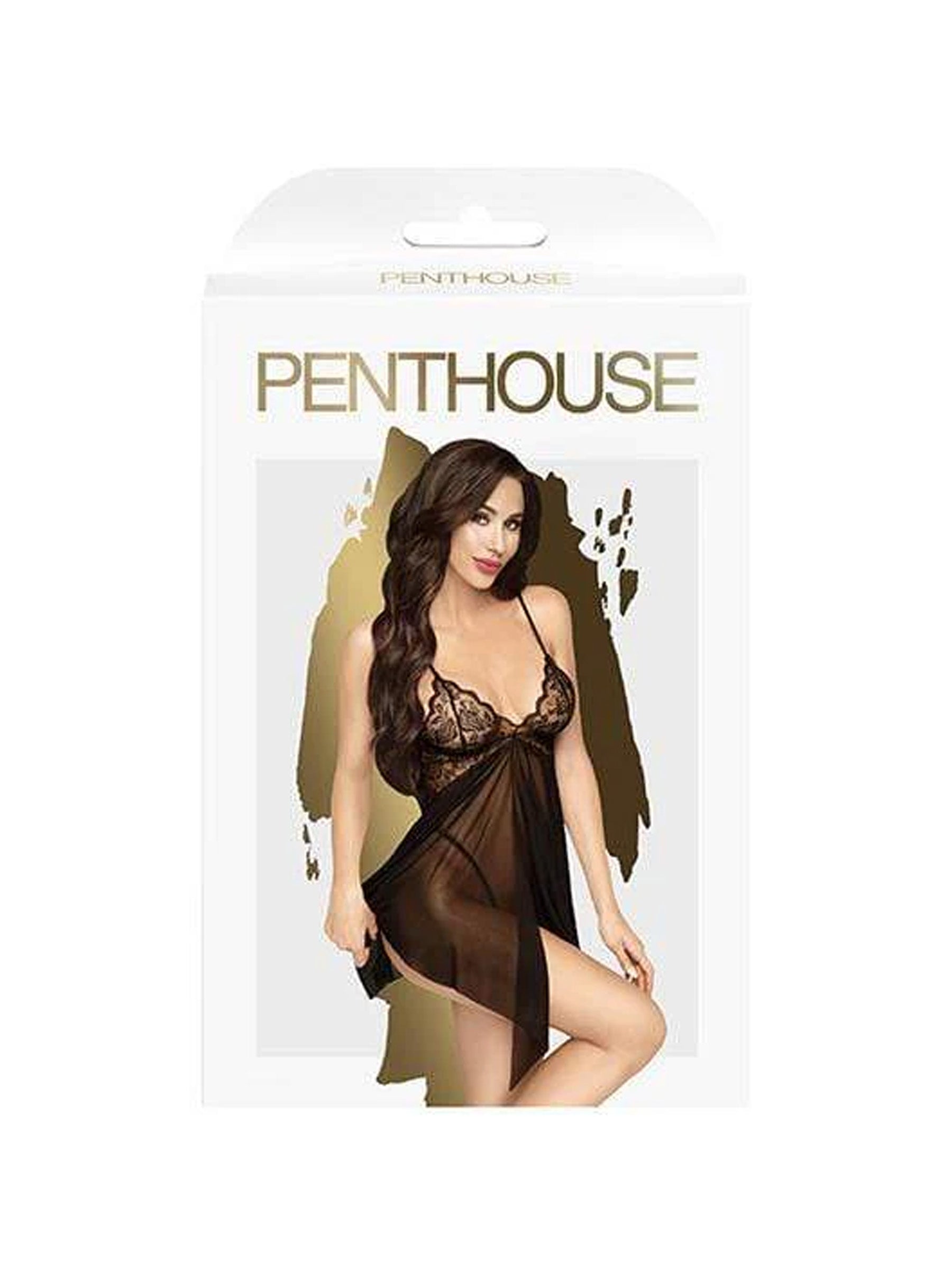 Penthouse Sweet Beast Babydoll Chemise  And Thong in Sheer Black L/XL