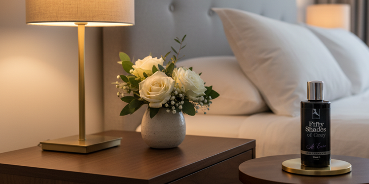 Fifty shades as ease 100ml anal lube bottle on bedside table