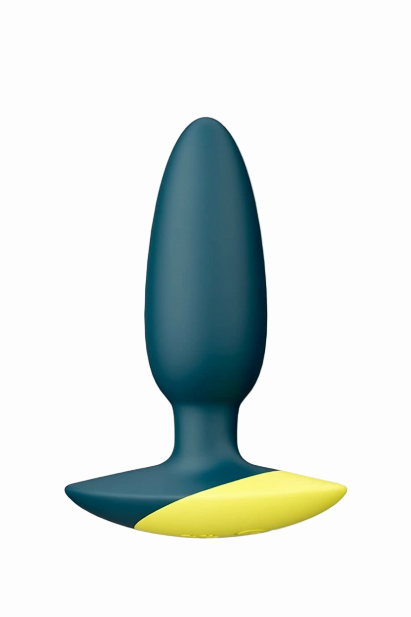 Blue and yellow silicone butt plug on a white background