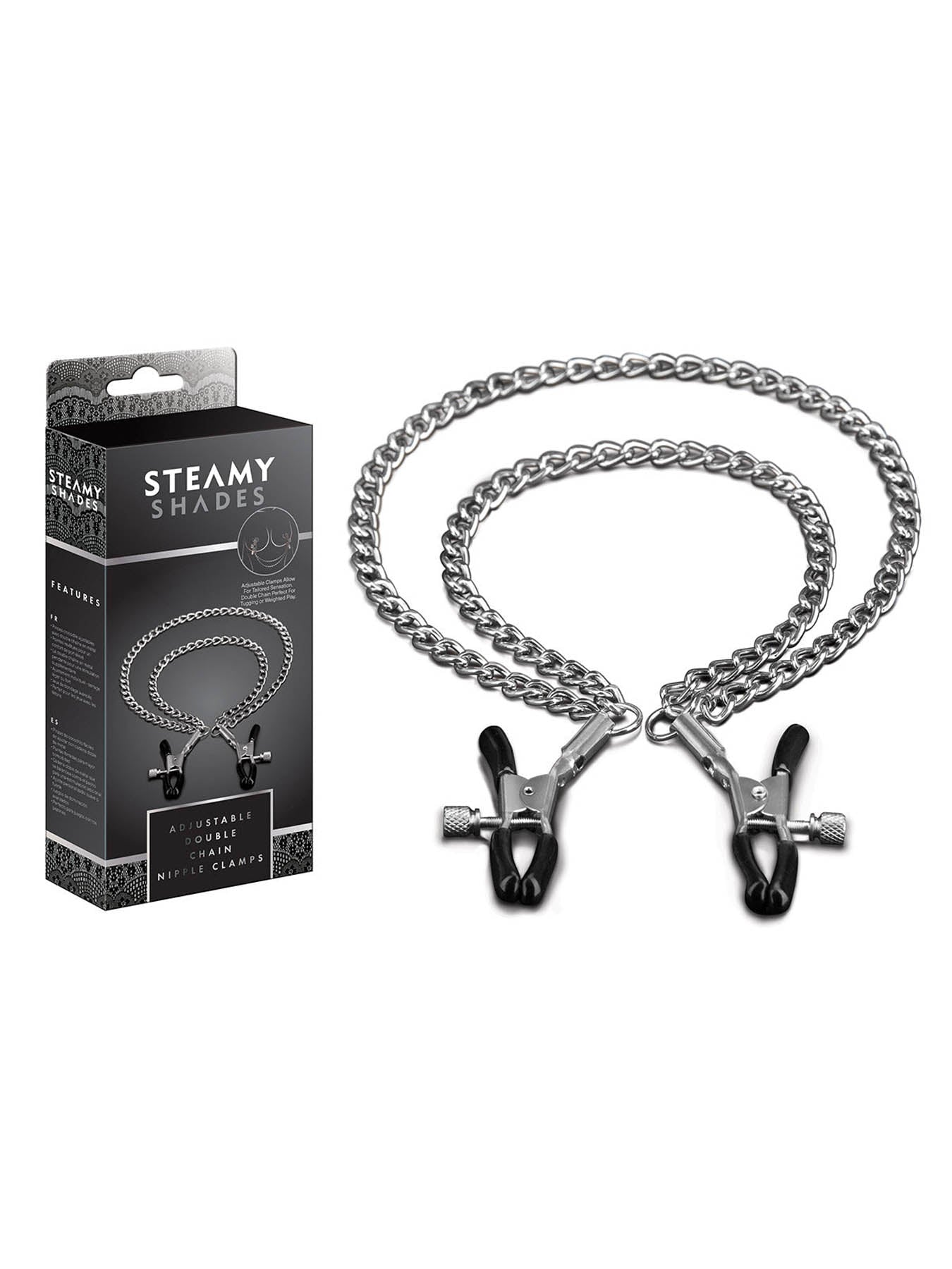 Steamy Shades adjustable alligator nipple clamps with double chain detail