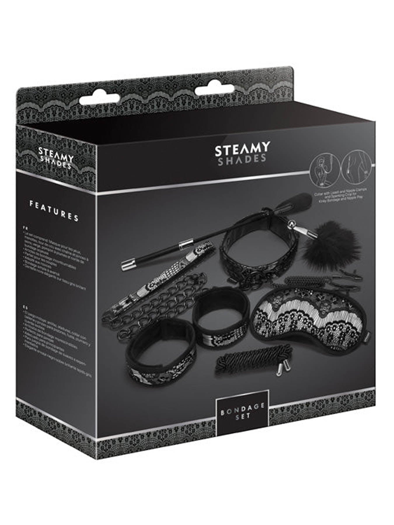 Steamy Shades bondage set with mask nipple clamps tickler cuffs rope and more