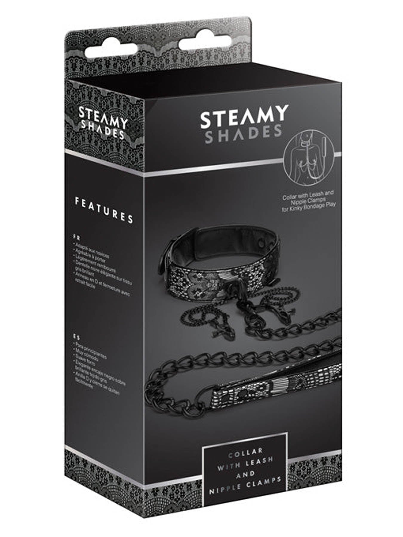 Steamy Shades collar with leash and nipple clamps for control and sensation play